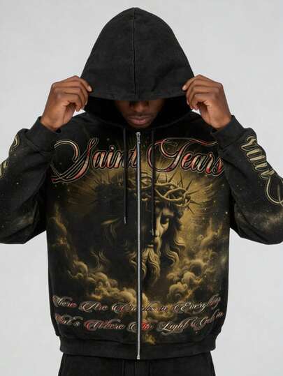 Street Life Herren Street Slogan Muster Reißverschluss Vorne Kordelzug Kapuzen Sweatshirt