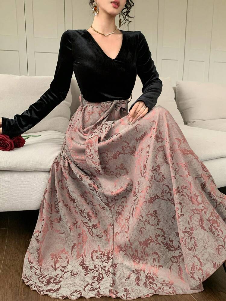 Women's V-Neck Velvet Color Block Cinched Waist Dress, Elegant Waist Decor Maxi Dress Sundress