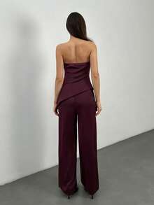 SHEIN Tall 春夏优雅通勤缎面酒红色不对称下摆抹胸上衣搭配简约宽松阔腿裤套装，优雅套装，新年女装，优雅女士套装，酒红色套装，酒红色套装，派对装，圣诞装，秋季女装 - 酒紅色 - 查看 3