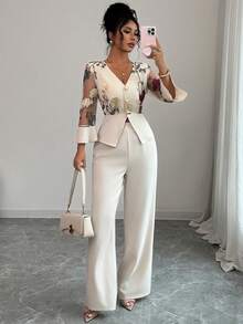 Elenzga Plus Size Floral Embroidery Sheer V-Neck Long Sleeve Top And Pants Elegant Set - Apricot - View 1