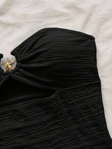 Soleia 女士度假风海星纹理镂空抹胸露脐上衣，性感适合派对、约会、下午茶、海滩等夏季穿着，黑色无肩带可爱抹胸上衣 - 黑色 - 查看 3