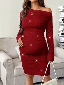SHEIN Maternity Casual Elastic Asymmetric Bodycon Dress, Autumn Luxury Dress For Women Red Dress Glam Dress For Women Long Sleeve Elegant Dress Red Sparkly Dress - Burgundy - View 5