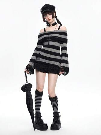 Goth Fashionable Dark Punk Distressed Design Waist Cinched Off-Shoulder Crew Neck Black & Grey Striped Sweater
