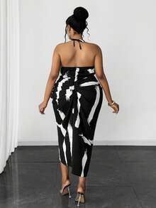 Maweii Đầm hở lưng cổ yếm, xếp ly, gợi cảm, in họa tiết tương phản, cỡ lớn, thời trang. - Đen và trắng - Xem 3