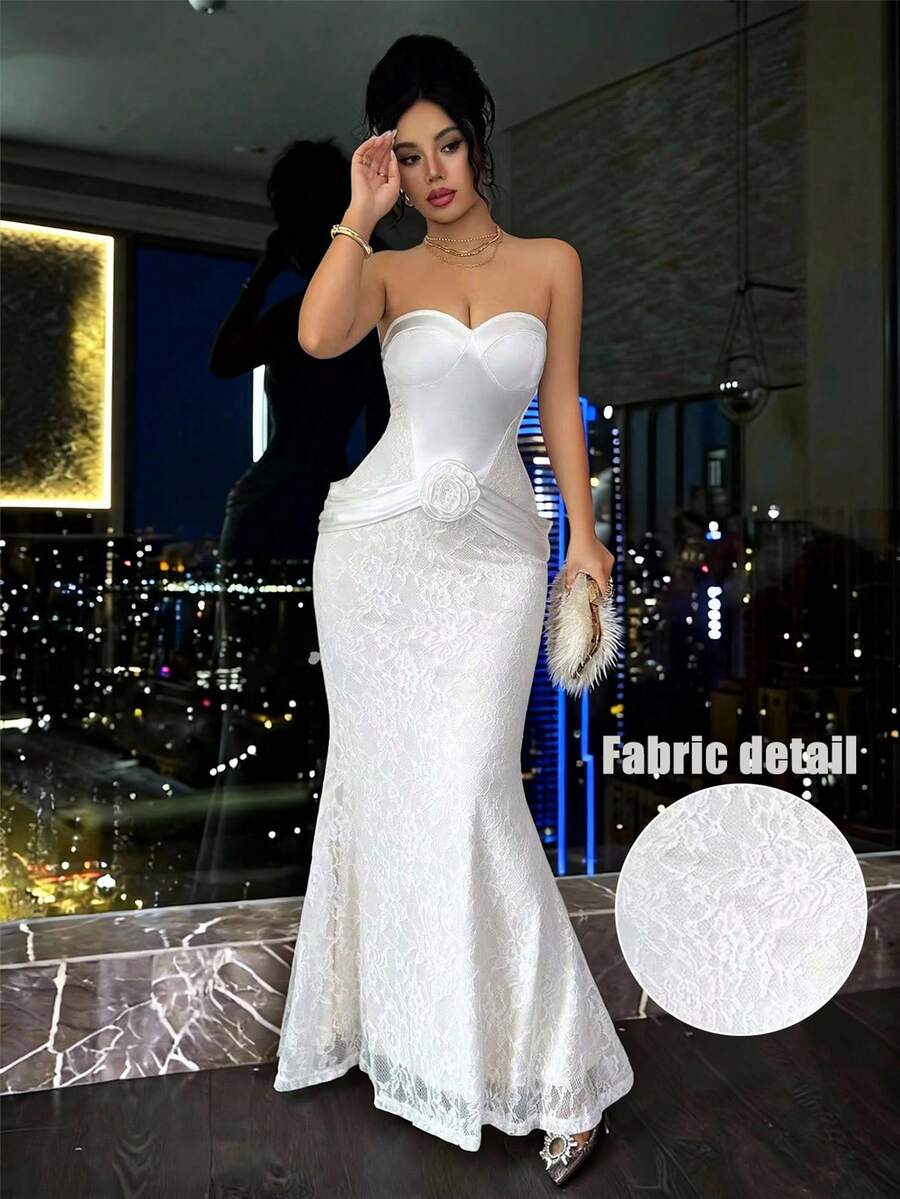 Selianne Satin Strapless Formal Dress, Lace Waist Cincher, Fishtail Hem, Sexy French Elegant Luxurious Party/Date Dress, Slim-Fitting White Gown With Satin Ribbon, Floor-Length Dress - White - View 1