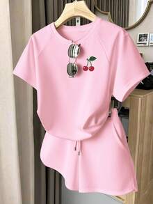 Franclia Women's Casual Cherry Print T-Shirt And Shorts 2 Pieces Set, Summer - Pink - View 1