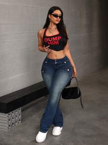 SHEIN ICON 女士休闲百搭喇叭牛仔裤，带口袋 - 藍色 - 查看 3