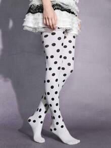 ROMWE Kawaii 1双女士银色爱心图案连裤袜，简约时尚休闲风，四季皆宜，日常穿着 - 黑與白 - 查看 2