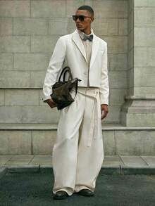 AKNOTIC 男士纯色通勤西装套装，圣诞派对宴会商务休闲西装外套和裤子两件套，男友礼物节日服装，婚礼 - 米色 - 查看 1