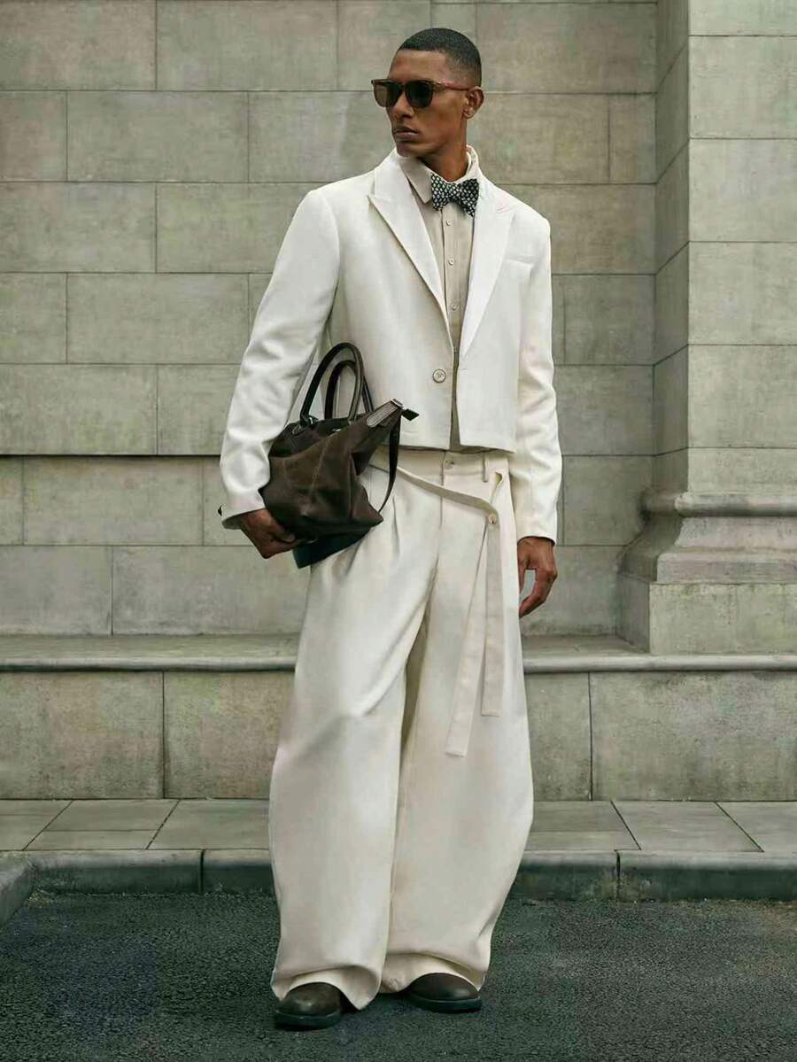 AKNOTIC 男士纯色通勤西装套装，圣诞派对宴会商务休闲西装外套和裤子两件套，男友礼物节日服装，婚礼 - 米色 - 查看 1