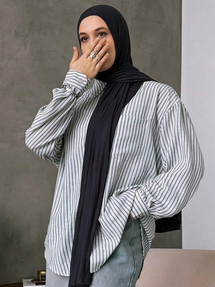 Contrast Stripe Loose Long Sleeve Lapel Pocket Casual Vintage Blouse For Women, Autumn