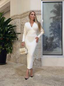 Cioccolato Women Sexy Elegant White V-Neck Off Shoulder Long Sleeve Fitted Sweater Dress, Suitable For Daily Wear, Office, Date, Casual, Party, Thanksgiving, Christmas White Midi Dress White Long Sleeve Dress White Bodycon Dress Ribbed Midi Dress In Fall/Winter - White - View 1