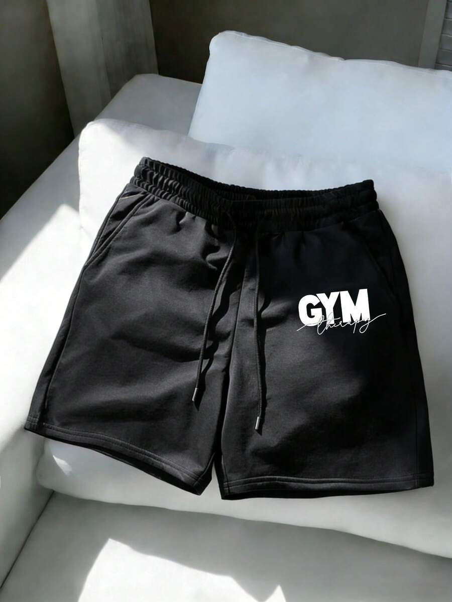 Manfinity Dauomo 男士字母印花抽绳腰带口袋休闲宽松短裤 - 黑色 - 查看 1