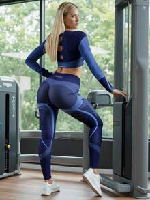 Innovista Women's Contrast Color Patchwork Cropped Top And Leggings Sports Suit Women's Seamless Long Sleeve Workout Set – Deep Light Blue Contrast Line Two Pieces Activewear With Back Cutout Design | High Support Quick Dry Yoga Pilates HIIT Gym Suit | Compression Leggings & Functional Sports Bra | Tummy Control, UV Protection, Breathable, Figure-Flattering Athleisure Outfit | Office To Gym, Cardio, Running, Outdoor Exercise | Viral Reel Ready FYP INSTA OOTD Fitness | Premium Durable| Set Latina UK European Brazilian Mexicana - Blue - View 6