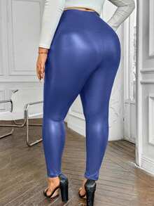 SHEIN VCAY 大码女式纯色不对称腰身紧身裤 - 藍色 - 查看 2