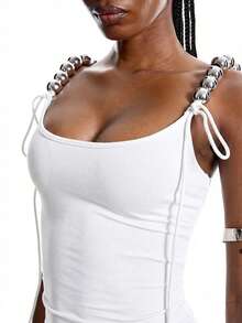 LYSMO Áo hai dây ôm dáng, tối giản mới dành cho nữ, đính hạt cườm, thích hợp cho các buổi đi chơi, phong cách đường phố, phong cách Stockholm, tạo nên vẻ ngoài mùa xuân, năm mới và Giáng sinh. - trắng - Xem 8