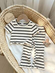 SHEIN 女婴可爱夏季休闲百搭针织彩色条纹短袖上衣和松紧腰裤套装 - 彩色 - 查看 6