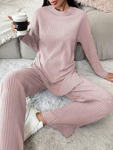 EURMUSE Conjunto de 2 piezas de algodón con top y pantalones de unicolor y diseño sencillo - Rosa Pálido - Ver 3