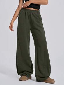 SHEIN Tall Wide Leg Elastic Waist Track Pants, Seam Design, Fall Clothes - Army Green - View 4