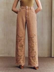 Anewsta Elaire Quần jeans nữ cạp cao, thời trang, thêu họa tiết khoét lỗ, dáng rộng, ống suông, ống đứng. - màu nâu - Xem 5