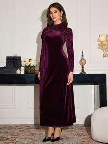 Modelyn 优雅黑色丝绒水钻缎带连衣裙，女士秋冬款 - 酒紅色 - 查看 5