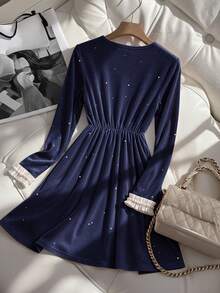 Lyxana Elegant Commuter Dress With Bow Decor And Front Button Closure - Navy Blue - View 2