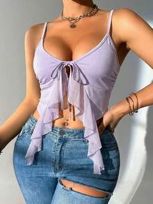 Glamine 女士荷叶边网纱拼接系带吊带背心 - 淡紫色 - 查看 5