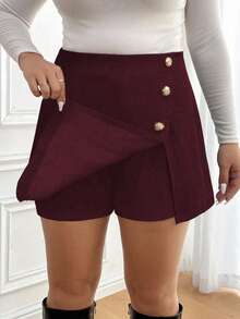 SHEIN LUNE CURVE Plus Size Asymmetric Shorts With Metal Button Decor - Burgundy - View 3