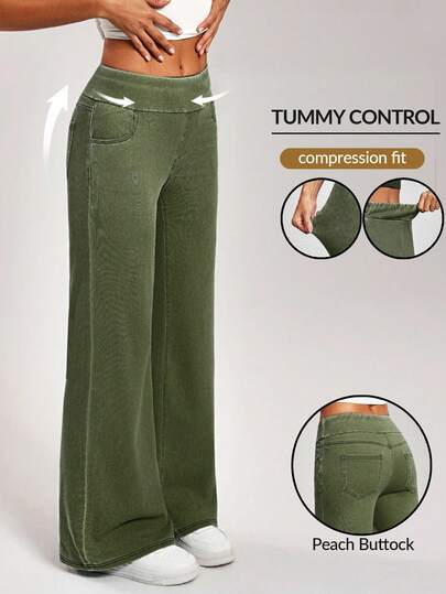 Flexra Plus Size Women Elastic Waist Pockets Wide Leg Loose Casual Jeans Tummy Control Outfits Green Pants For Women Army Green Pants Comfy Pants Women