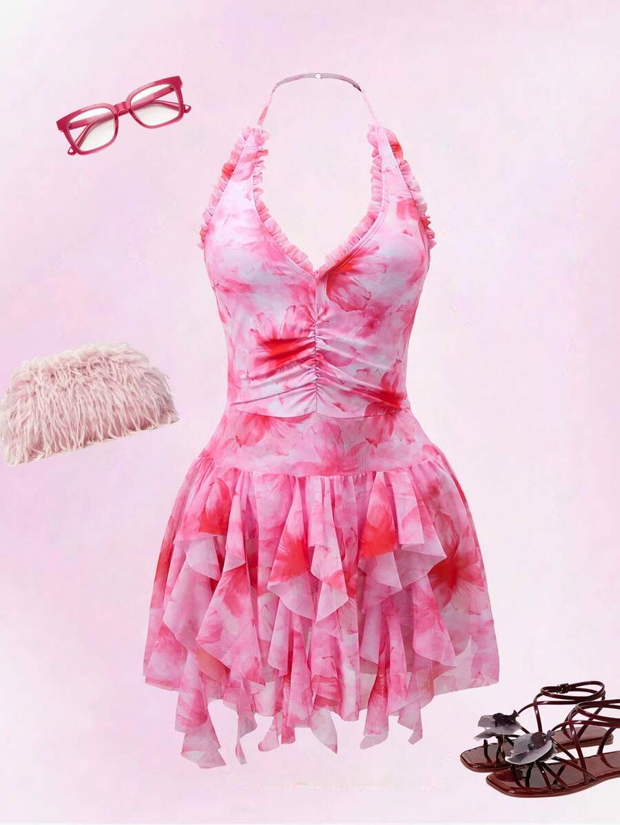 Bellisia Women's Summer Beach Floral Print Ruffle Trim Halter Neck Swimdress Birthday Dress Sexy Summer Pink Tea Party Dress Flamingo Dress Dress Pink Pink Birthday Outfit Women - Multicolor - View 1