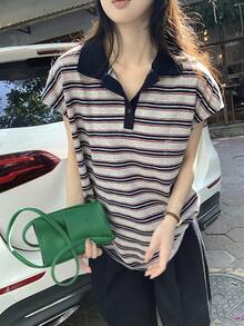 DAZY Women's Loose Striped Polo Collar Cap Sleeve T-Shirt - Blue - View 7