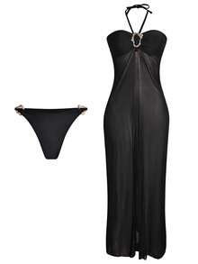 Swim SXY 2pcs Solid Color Mesh Patchwork Strapless Triangle Bikini Swimwear Set, Fashionable & Elegant - Black - View 6