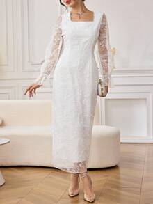 Modelyn Elegant Embroidered Waist Fitted Straight Midi Dress For Women - Pearl White - View 3