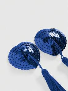 ROMWE Avant 1 Pair Women's Fashionable Glitter Heart Tassel Nipple Covers/Pasties, Suitable For Everyday Wear, For Valentine's Day - Navy Blue - View 4