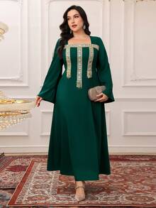 Al Najma Plus Size Women's Fringe Decorated Turkish Maxi Dress & Arabic Traditional Abaya Kaftan Jalabiya Dress - Dark Green - View 3