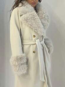 RebeccaVibe Fluffy Collar Thick Warm Long Belted Knitted Coat - Beige - View 5