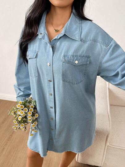Sunnyshic Plus Size Women Vintage Blue Denim Shirt Dress