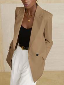 Aveloria Modichic Women's Business Style Solid Color Double-Breasted Blazer Jacket For Commuting, Autumn  - Khaki - View 3
