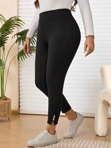 EMERY ROSE Damskie eleganckie, codzienne, czarne legginsy z podszewką termiczną i zdobionymi guzikami, w dużych rozmiarach, zimowe