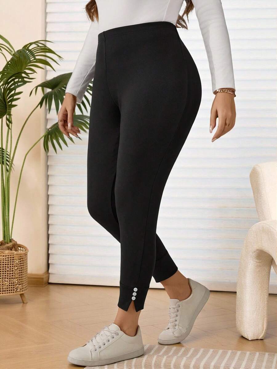 EMERY ROSE Damskie eleganckie, codzienne, czarne legginsy z podszewką termiczną i zdobionymi guzikami, w dużych rozmiarach, zimowe