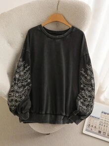 CosyJoli 大尺碼刺繡花卉水洗運動衫，女款深綠色秋季波希米亞日常長袖寬鬆圓領套頭休閒上衣 - 黑色 - 查看 8