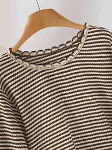 CosyJoli Plus Size Women Crew Neck Striped T-Shirt With Tassel Hem Design, Casual All-Match Versatile Tee Spring - Grey - View 7