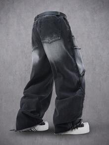 Manfinity Denimwave Casual Versatile Button Fly Wide Leg Men's Jeans Black Cargo Jeans - Black - View 2