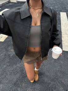 Muchica Women's Autumn New Retro Washed Snowflake PU Loose Leather Jacket, Suitable For Daily Street Wear - Black - View 1