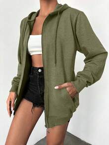 EURMUSE 100%纯棉纯色拉链抽绳连帽衫 - 軍綠色 - 查看 4