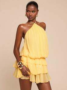 SHEIN BAE Women's Elegant Halter Tie Bubble Ruffle Jumpsuit, Spring/Summer - Yellow - View 5
