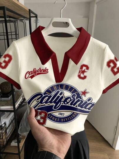 Rovax Plus Size Women's Casual Fashionable Street Letter & Number Print Contrast Color V-Neck Short Sleeve Top