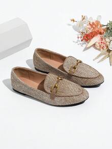 Rosivie Women's Retro Round Toe Woven Material, Comfortable And Lightweight Mid-Mouth, Flat-Soled Loafers Valentine's Day - Khaki - View 6