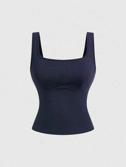 Top casual senza maniche con scollo quadrato e spacco laterale, design minimalista