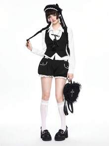 ROMWE Kawaii 可爱蕾丝拼接女式灯笼短裤 - 黑色 - 查看 6